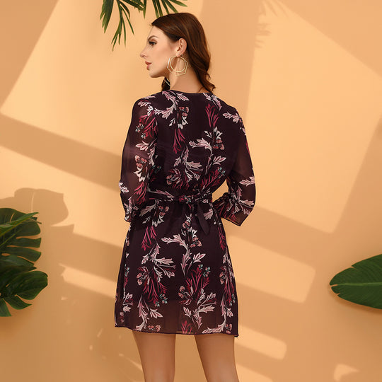 Damen Chiffon Wickelkleid mit floralem Alloverprint V‑Ausschnitt & Bindegürtel Shop Nory