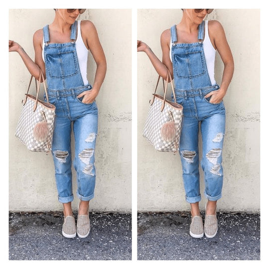 Damen Jeans-Latzhose mit Destroyed-Details