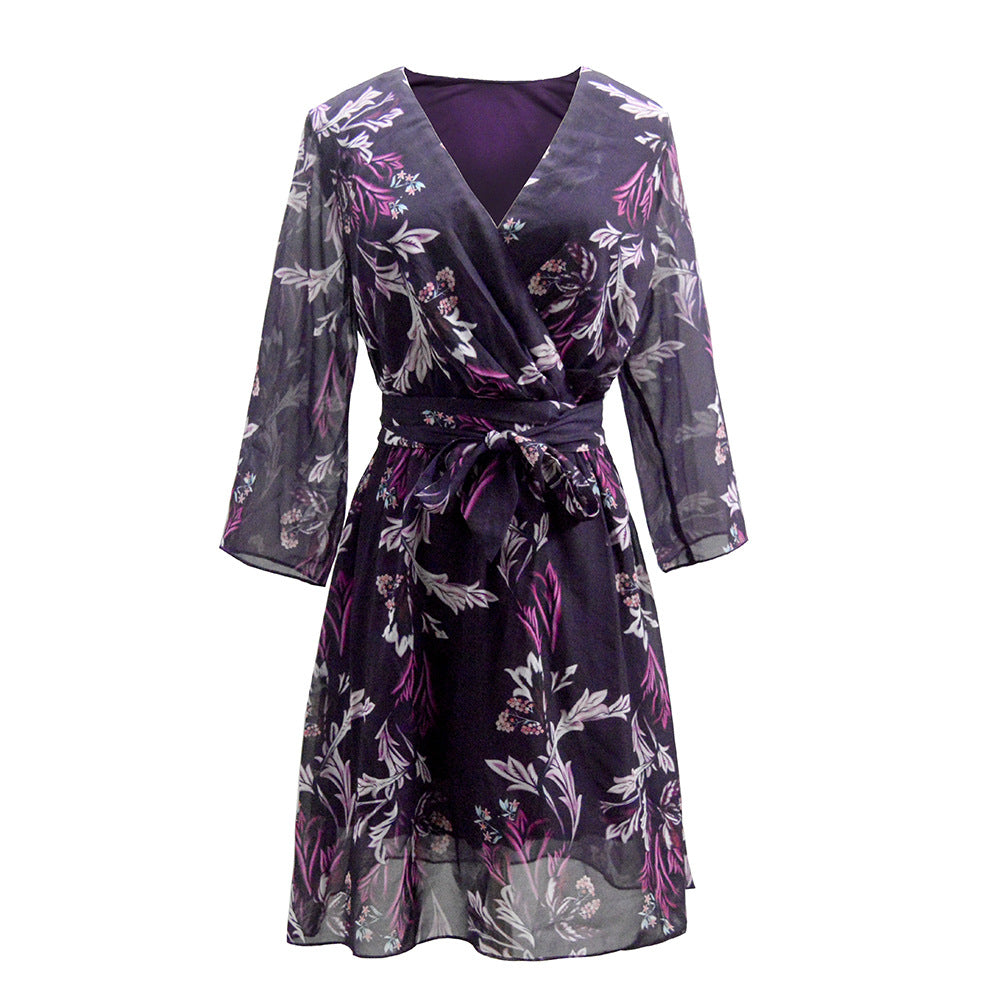 Damen Chiffon Wickelkleid mit floralem Alloverprint V‑Ausschnitt & Bindegürtel Shop Nory