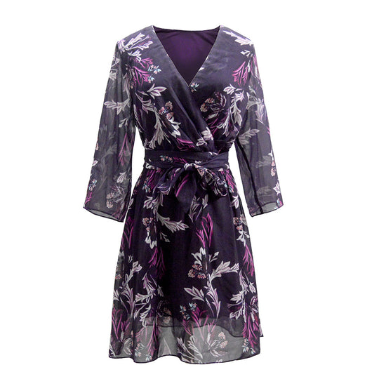 Damen Chiffon Wickelkleid mit floralem Alloverprint V‑Ausschnitt & Bindegürtel Shop Nory