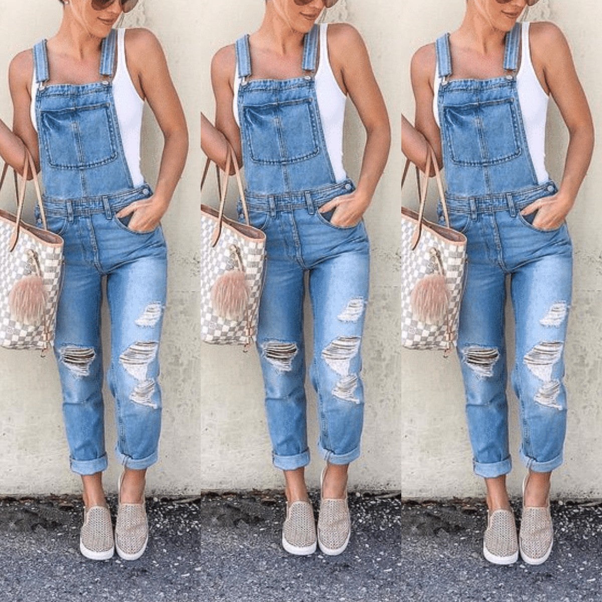Damen Jeans-Latzhose mit Destroyed-Details
