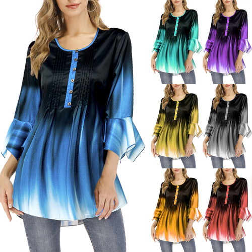 Damen Tunika-Bluse mit Kellerfalten, Schlitzknopfleiste und Glockenärmeln Shop Nory