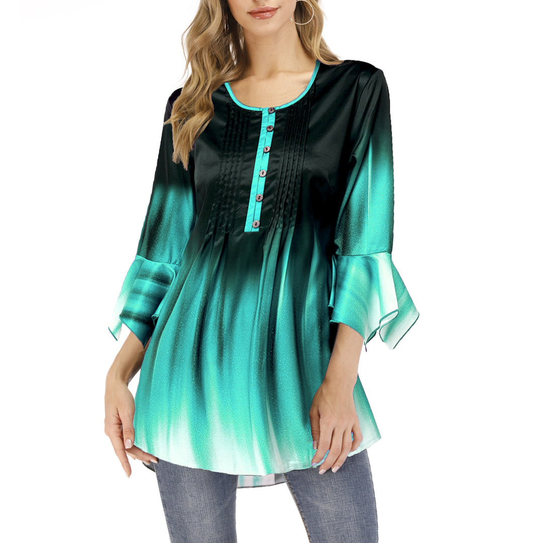 Damen Tunika-Bluse mit Kellerfalten, Schlitzknopfleiste und Glockenärmeln Shop Nory