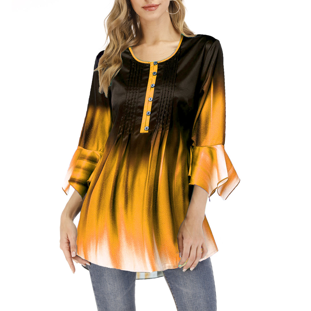 Damen Tunika-Bluse mit Kellerfalten, Schlitzknopfleiste und Glockenärmeln Shop Nory