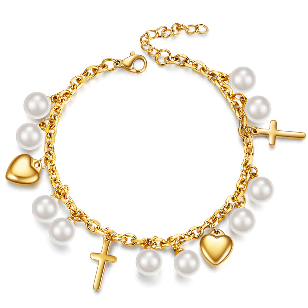 Damen Armband mit perlenbesetzten Herzen und Kreuzanhängern Shop Nory