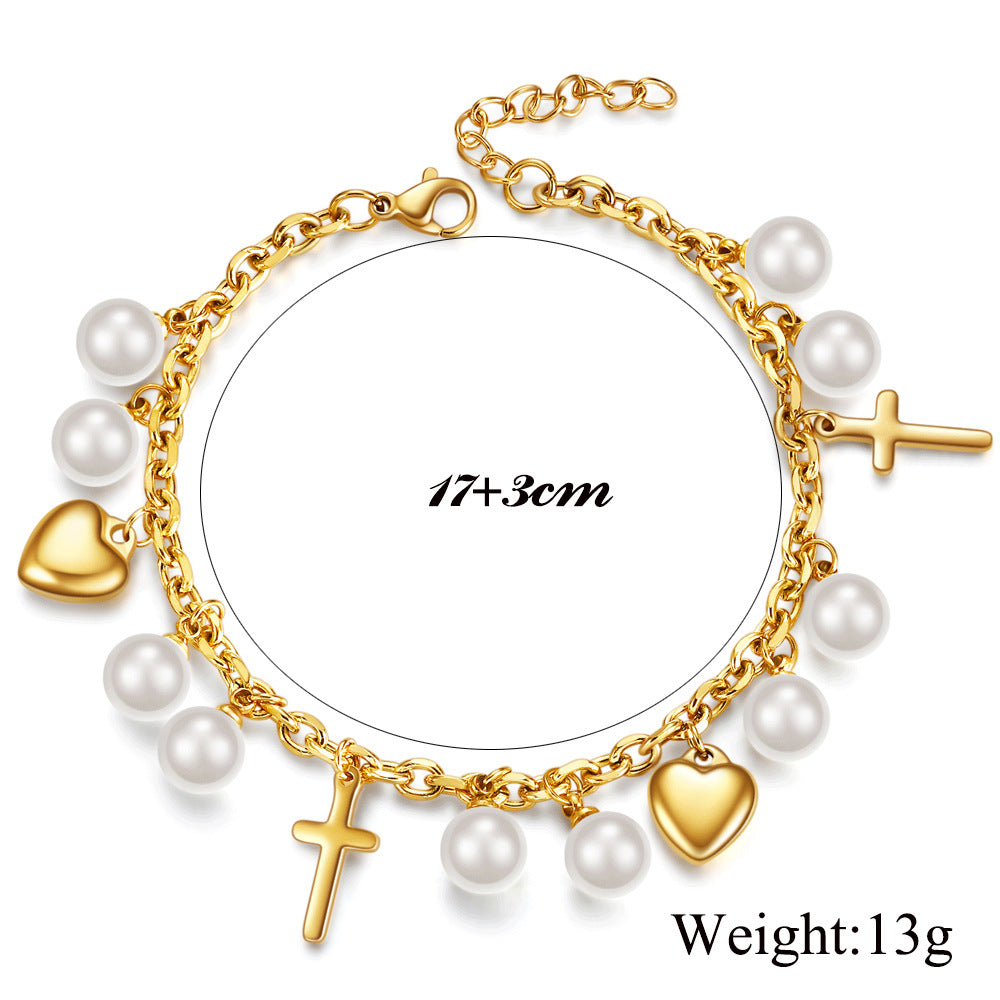 Damen Armband mit perlenbesetzten Herzen und Kreuzanhängern Shop Nory