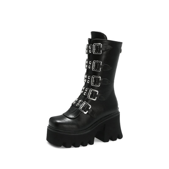 Damen Schaftstiefel mit Plateau, Mehrfachschnallen, Spikes und robuster Lugsohle Shop Nory