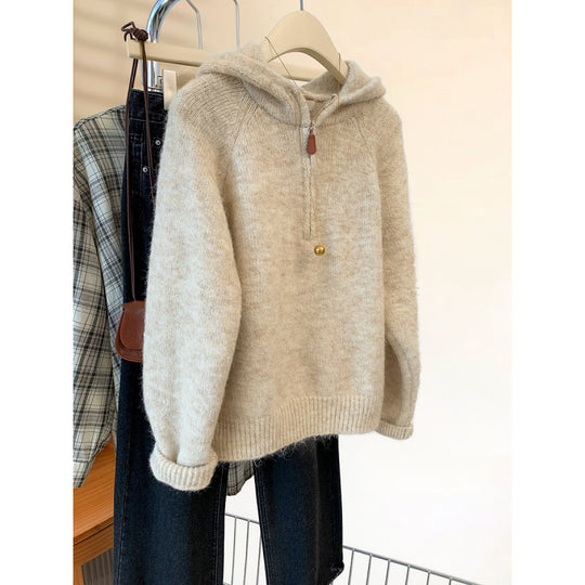 Damen-Strickpullover mit Kapuze und halbem Reißverschluss