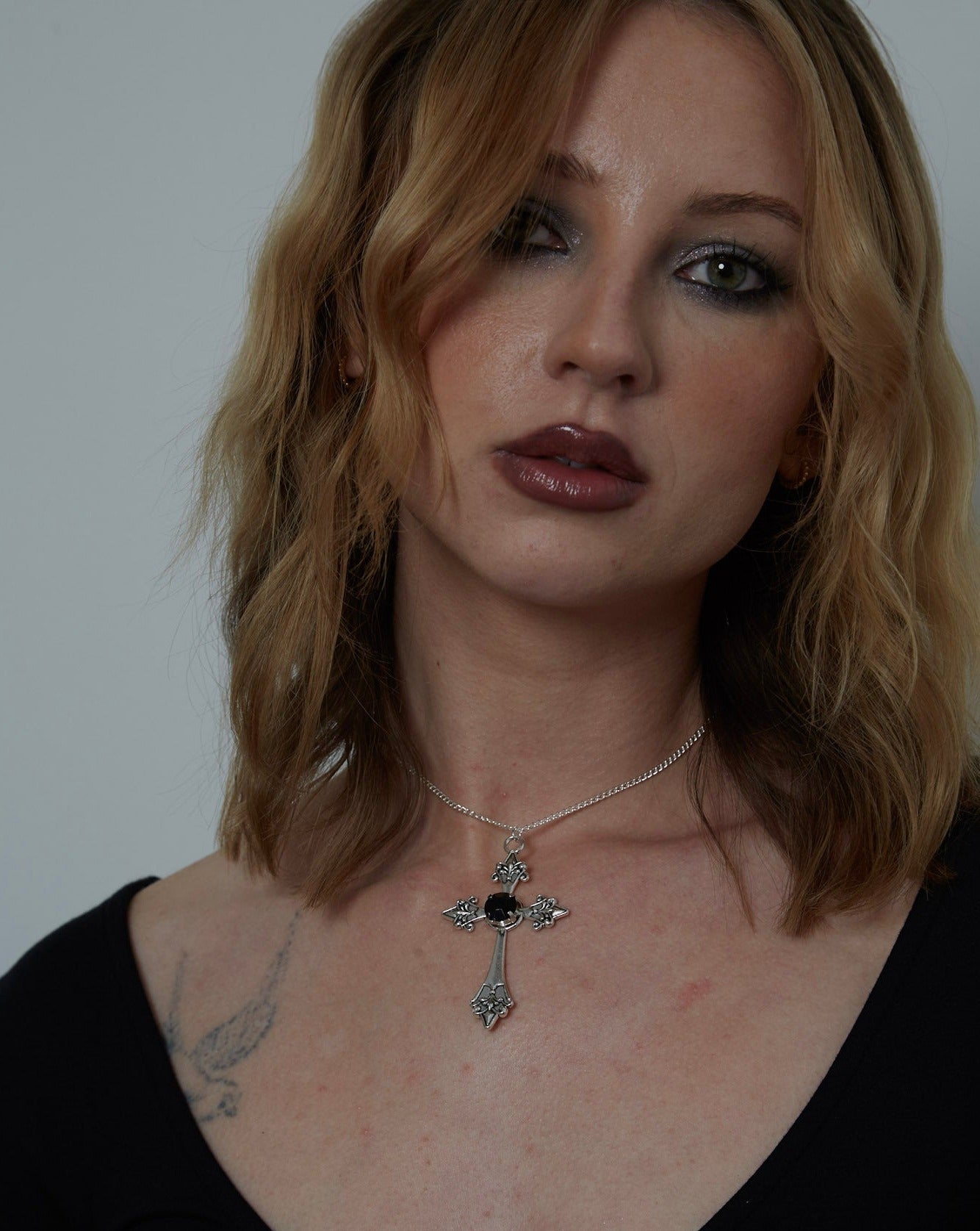 Silver Gothic Cross with Black Gemstone Charm Necklace | Shop Nory