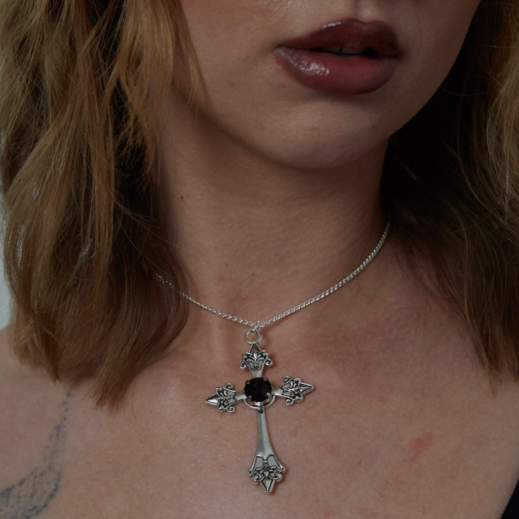 Silver Gothic Cross with Black Gemstone Charm Necklace | Shop Nory