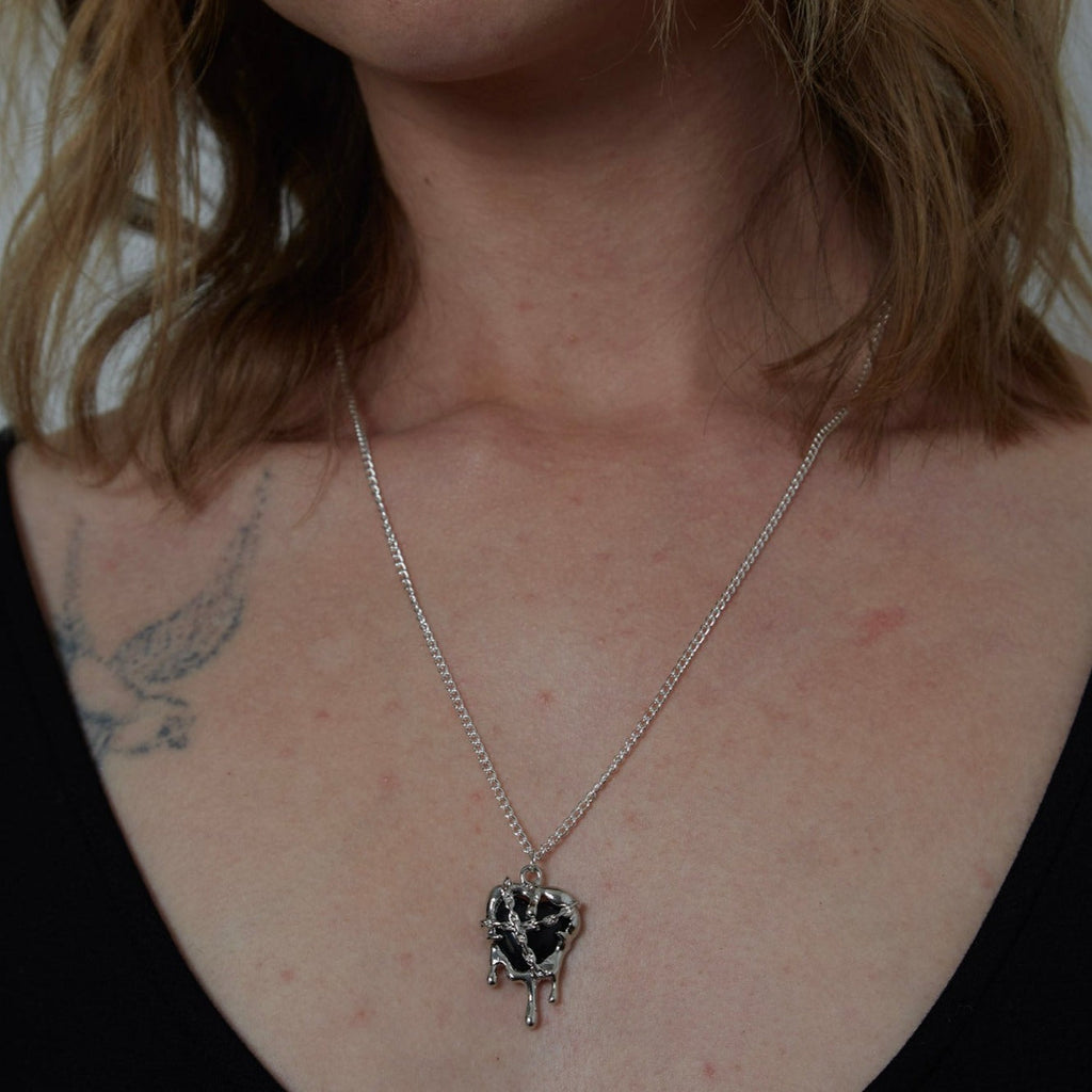 Silver Black Resin Melting Heart Charm Necklace | Shop Nory
