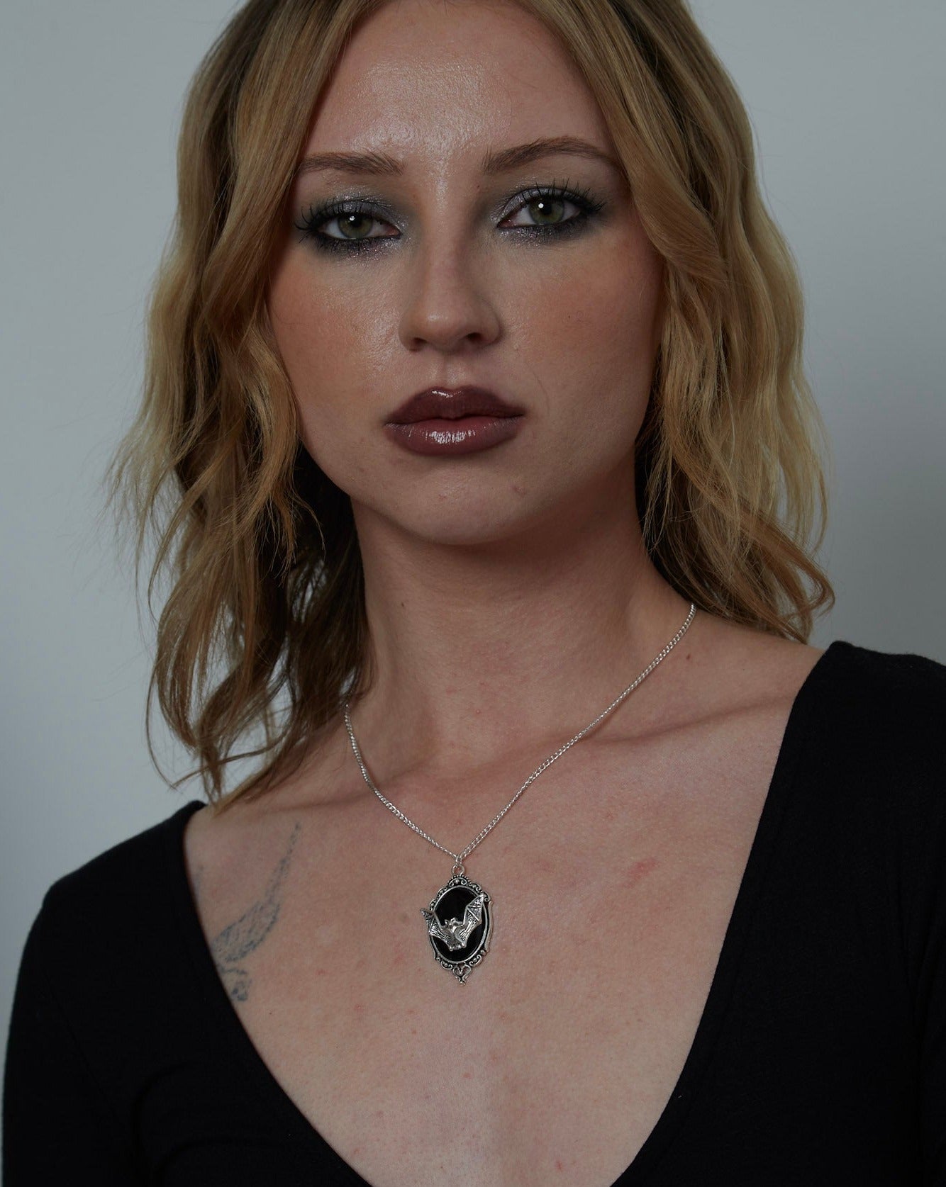 Silver Gothic Black Vampire Bat Framed Charm Necklace | Shop Nory