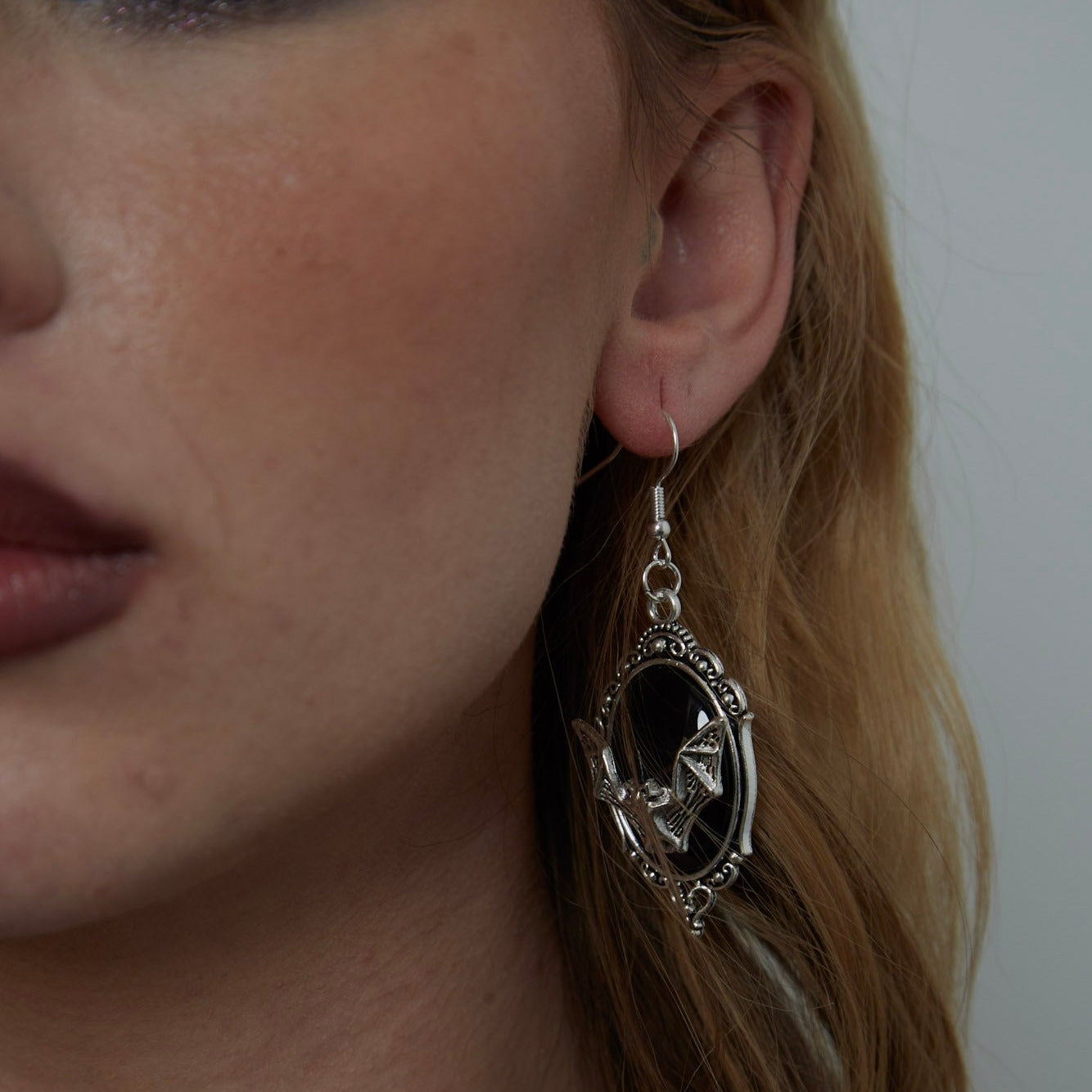 Large Silver Gothic Bat Frame Charm Earrings | Shop Nory