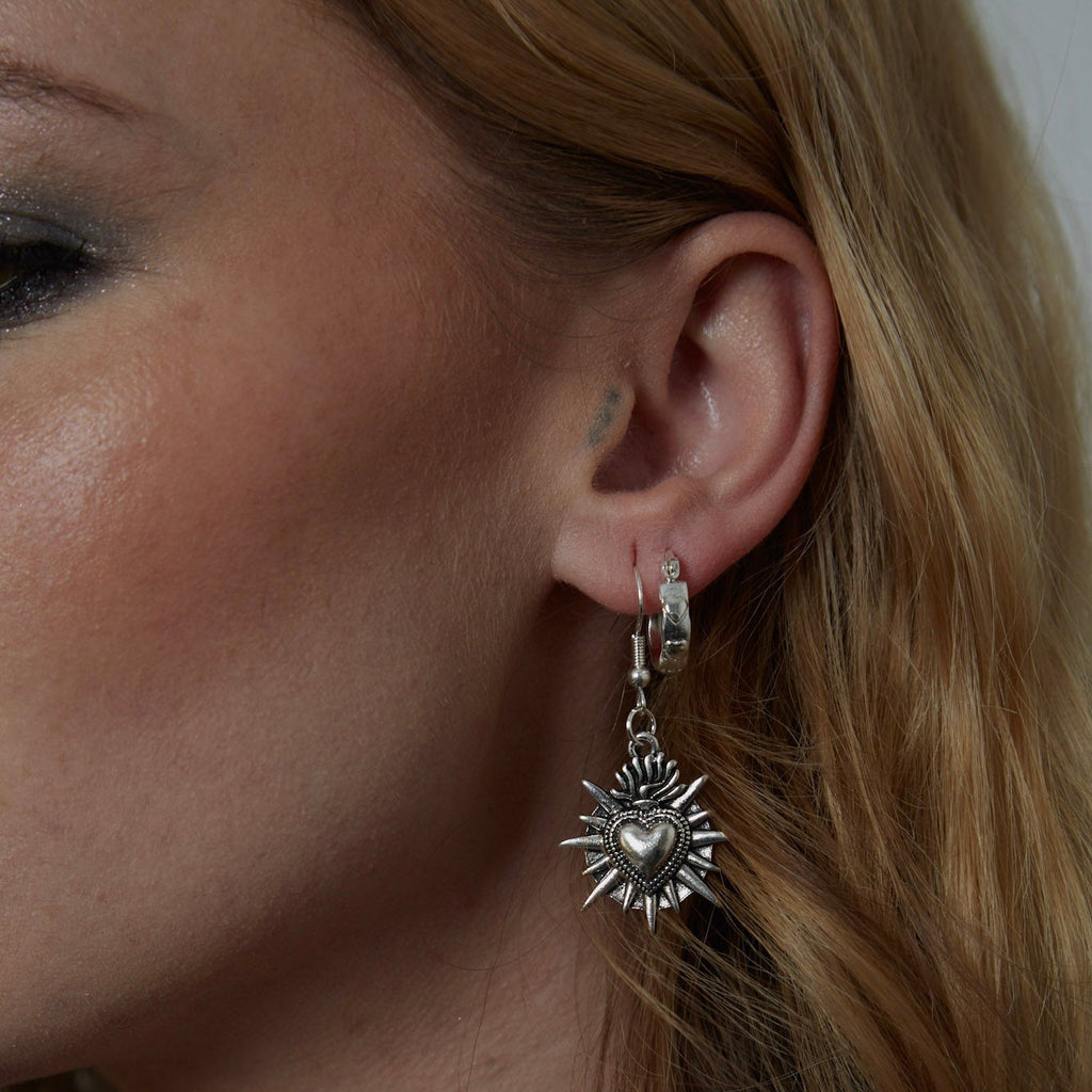 Silver Sacred Flaming Heart Charm Earrings | Shop Nory