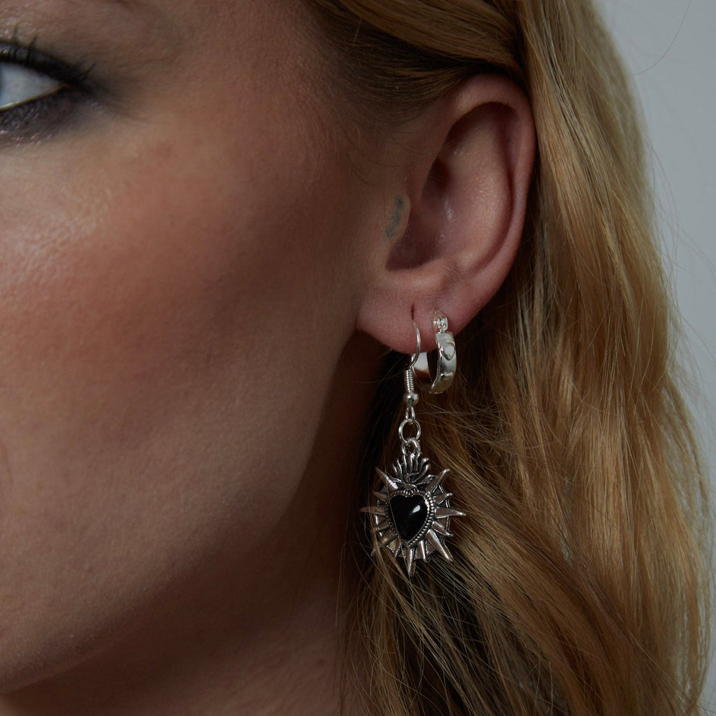Silver Sacred Flaming Black Heart Charm Earrings | Shop Nory