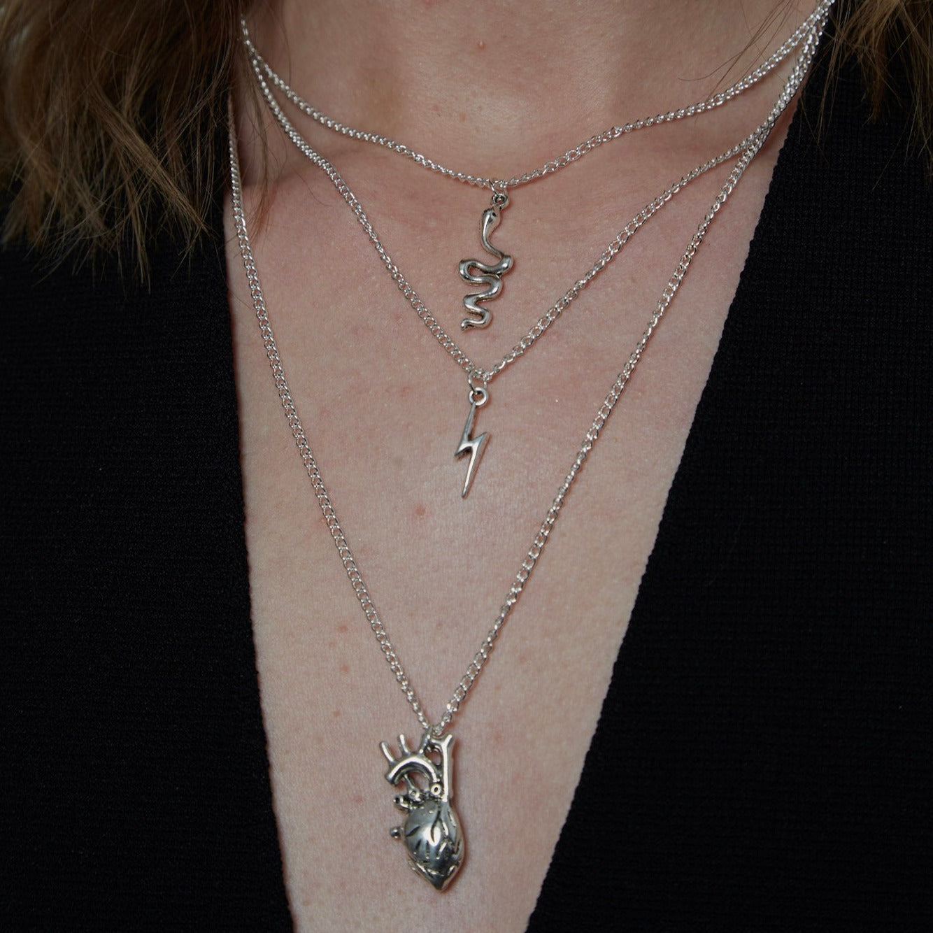 Layered Personalised Silver Gothic Charms 3 Necklace Set | Shop Nory
