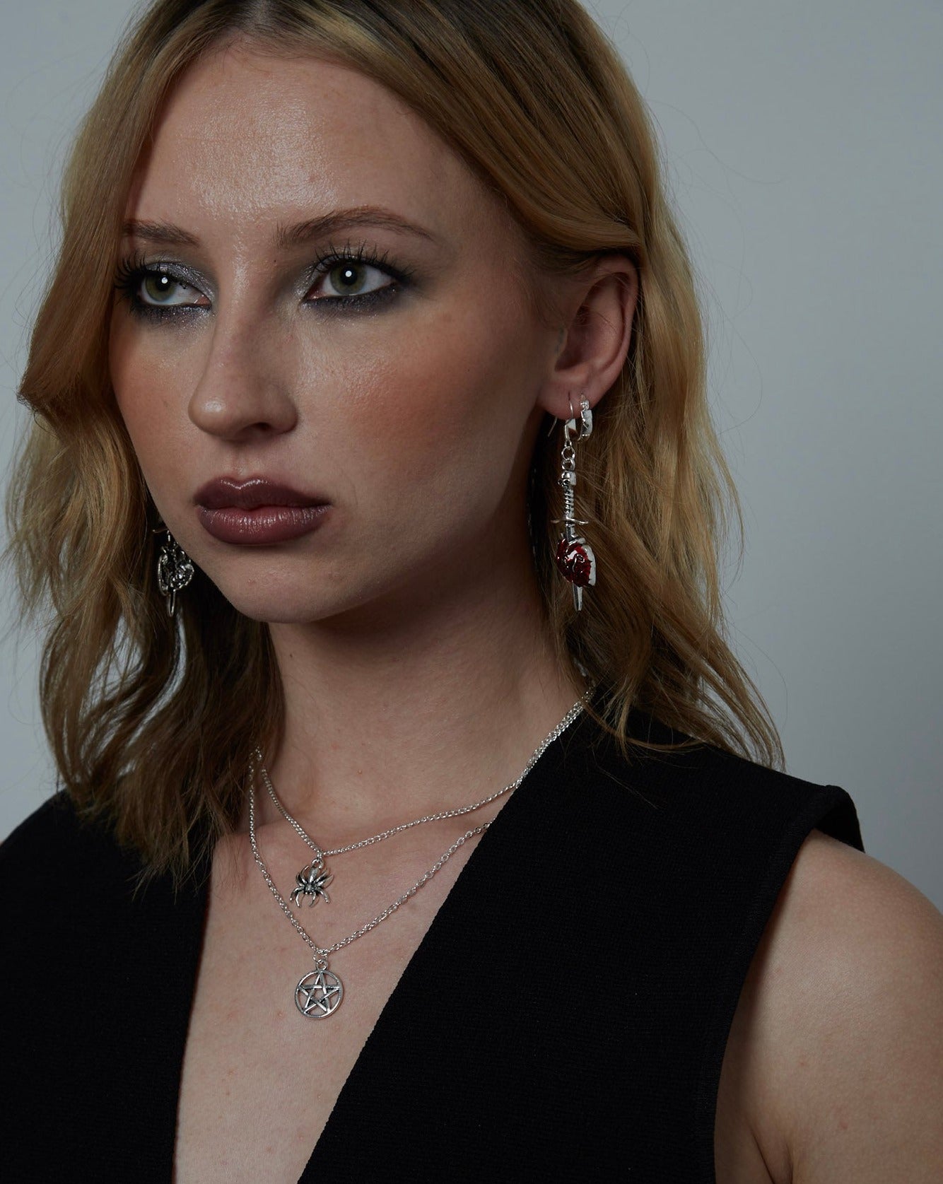 Silver and Red Anatomical Heart with Sword Charm Earrings | Shop Nory