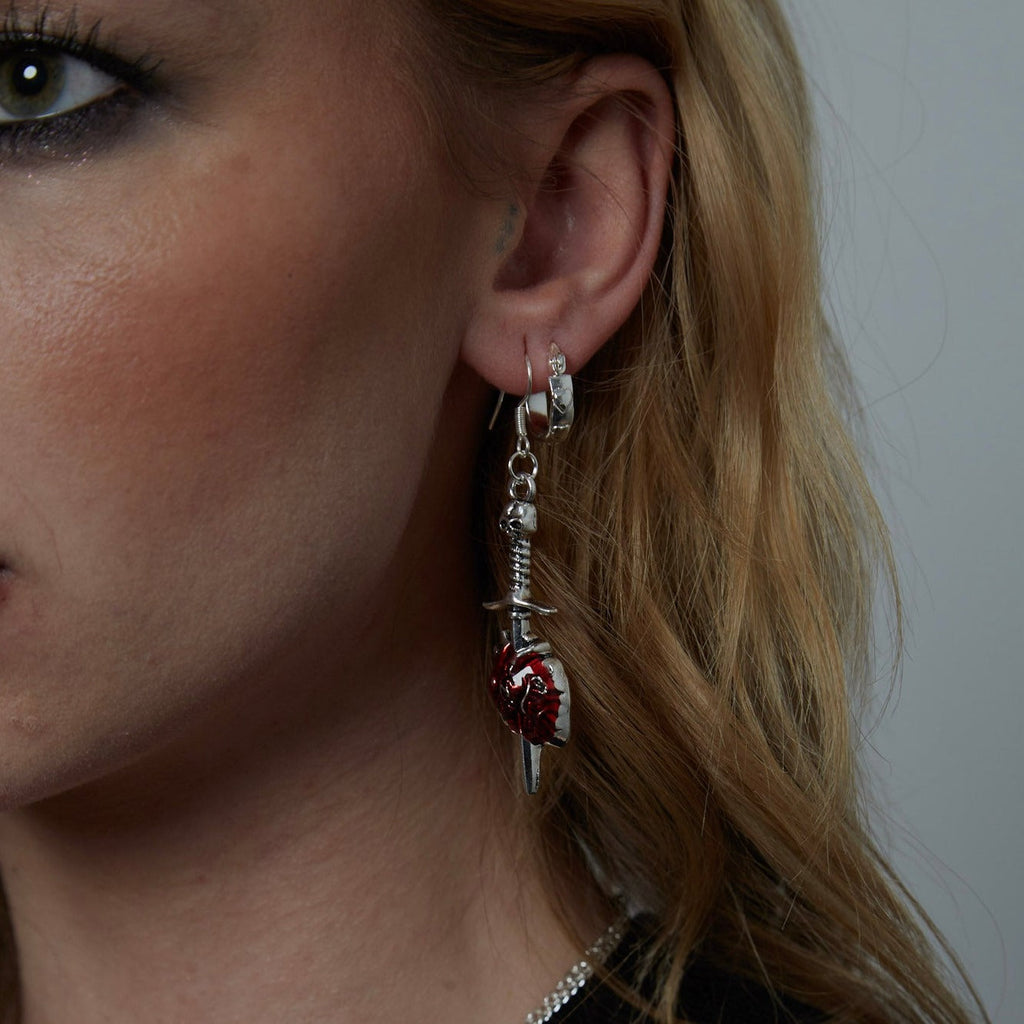 Silver and Red Anatomical Heart with Sword Charm Earrings | Shop Nory