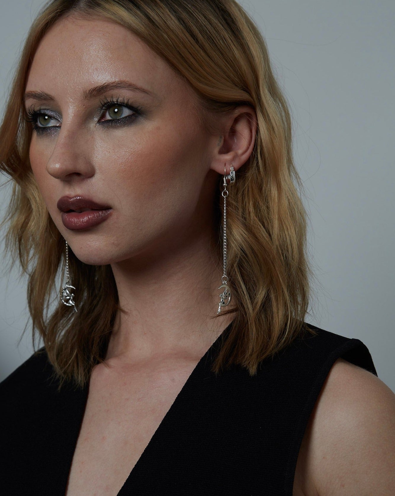 Silver Fairy Angel Moon Chain Charm Earrings | Shop Nory