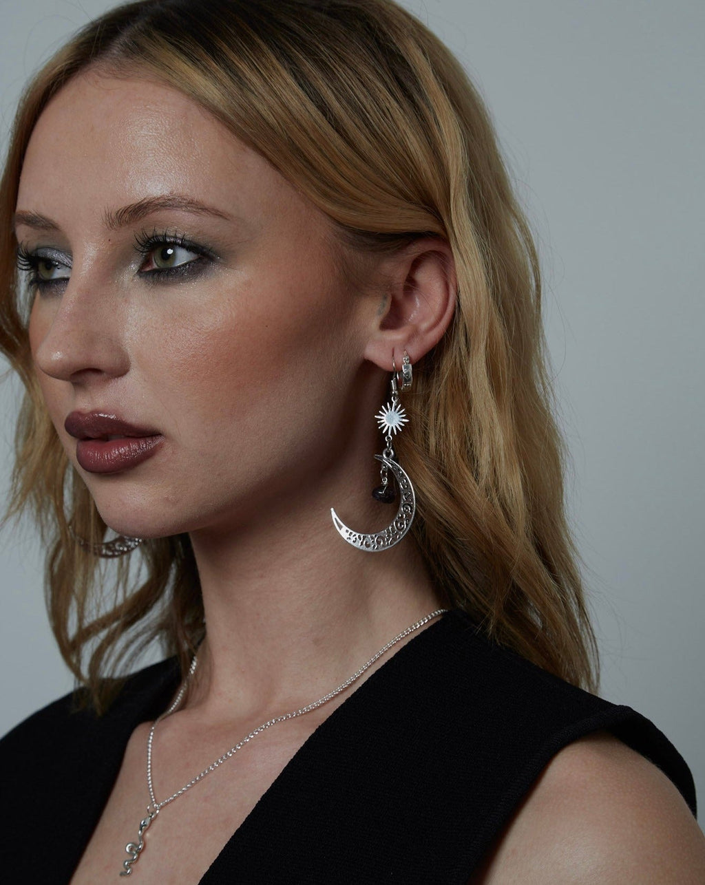 Silver Amethyst Crescent Moon & Sun Charm Earrings | Shop Nory