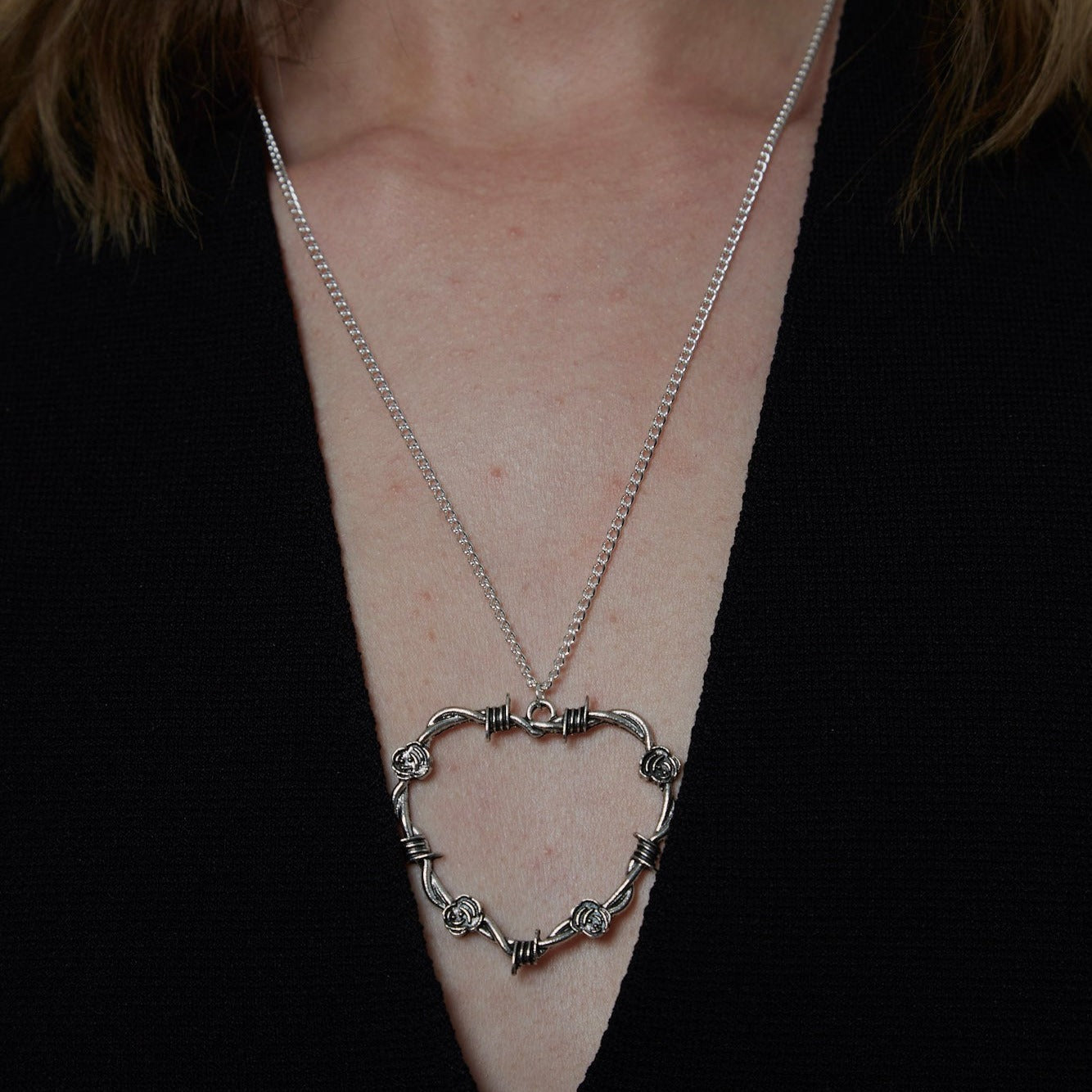 Silver Large Barbed Wire Rose Heart Charm Necklace | Shop Nory