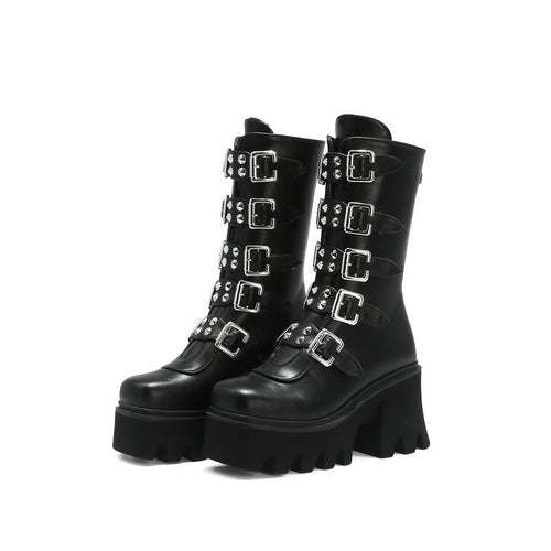 Damen Schaftstiefel mit Plateau, Mehrfachschnallen, Spikes und robuster Lugsohle Shop Nory