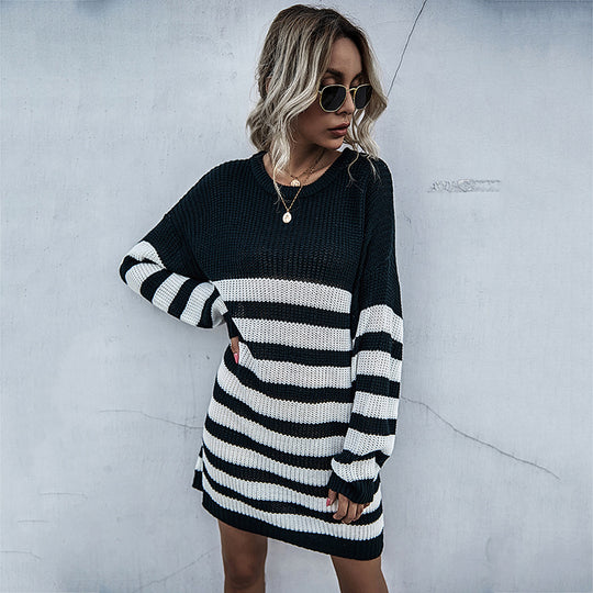 Damen Gestreiftes Strickmidikleid mit Oversize-Passform, Raglanärmeln und gerippten Abschlüssen Shop Nory
