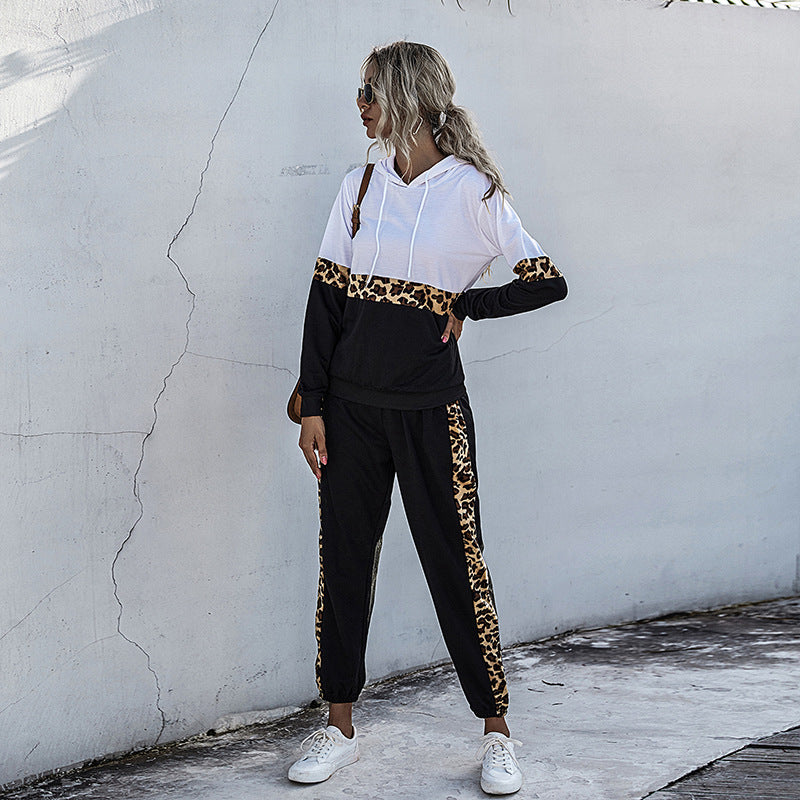 Damen zweiteiliger Jogginganzug mit Kapuze und Leopardenbesatz Shop Nory