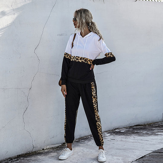 Damen zweiteiliger Jogginganzug mit Kapuze und Leopardenbesatz Shop Nory