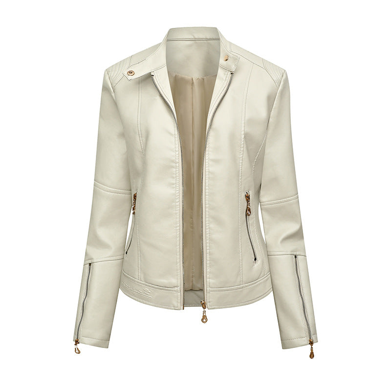 Damen Figurbetonte Kunstleder-Bikerjacke mit Stehkragen, taillierten Nähten und Reißverschlusstaschen Shop Nory