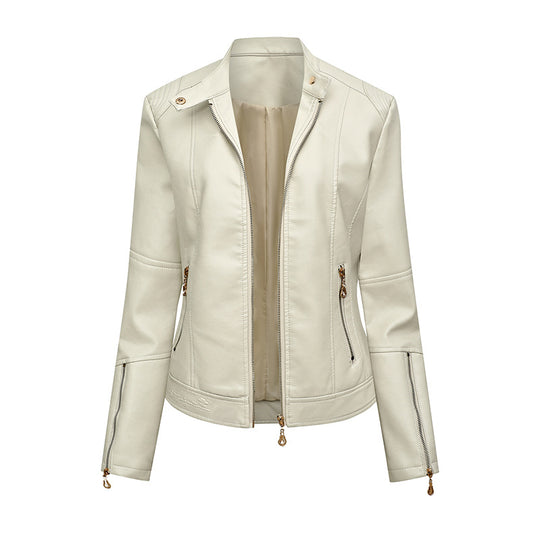Damen Figurbetonte Kunstleder-Bikerjacke mit Stehkragen, taillierten Nähten und Reißverschlusstaschen Shop Nory