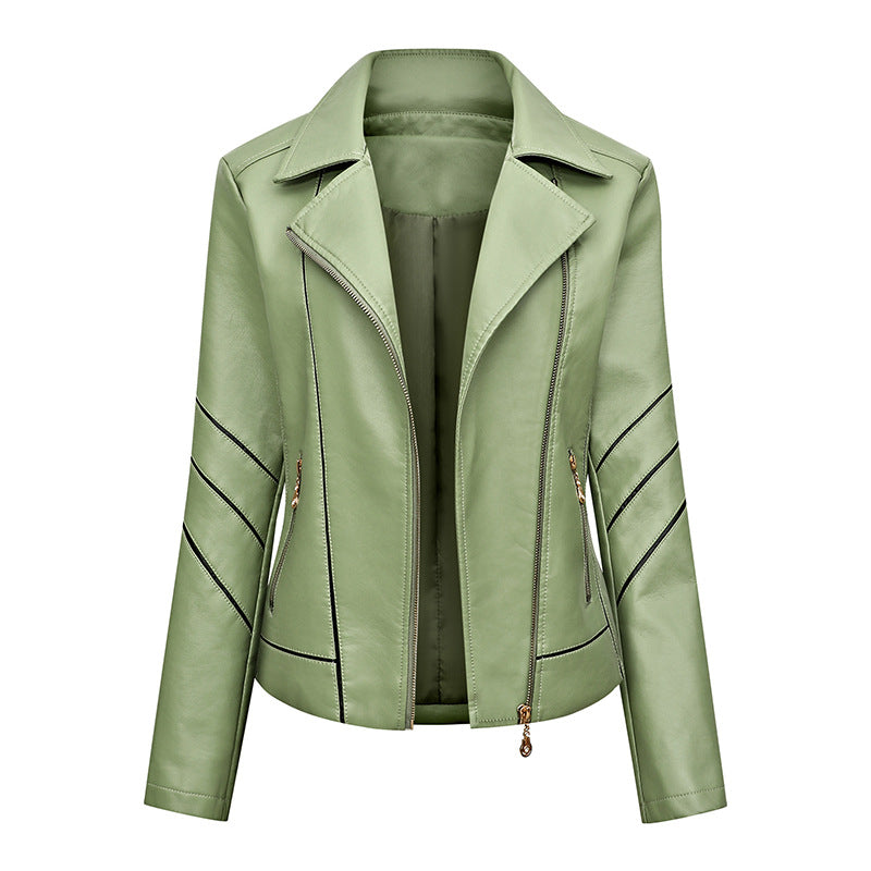 Damen Kurze Kunstleder-Bikerjacke mit asymmetrischem Reißverschluss, Ziersteppungen und Eingrifftaschen Shop Nory