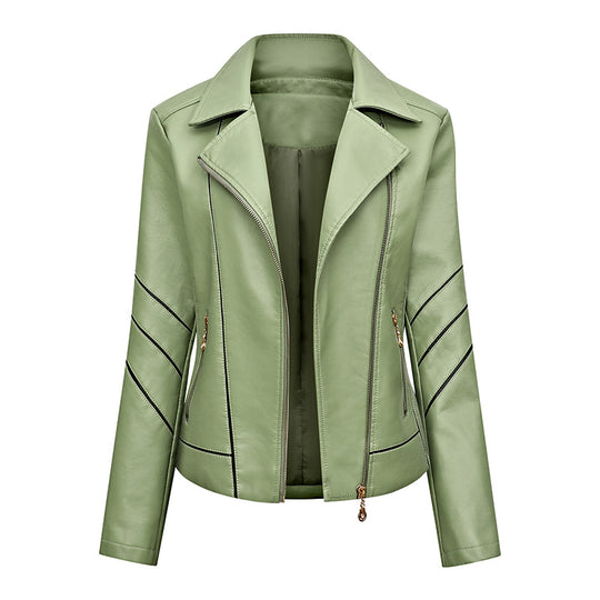 Damen Kurze Kunstleder-Bikerjacke mit asymmetrischem Reißverschluss, Ziersteppungen und Eingrifftaschen Shop Nory