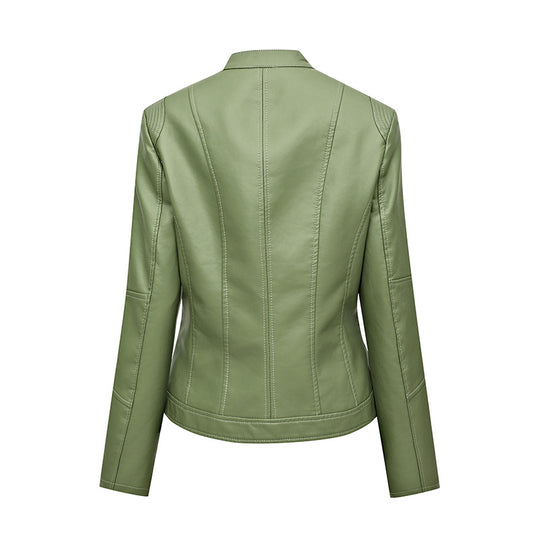 Damen Figurbetonte Kunstleder-Bikerjacke mit Stehkragen, taillierten Nähten und Reißverschlusstaschen Shop Nory