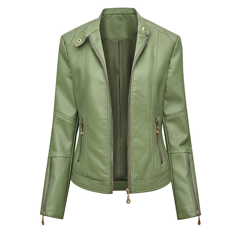Damen Figurbetonte Kunstleder-Bikerjacke mit Stehkragen, taillierten Nähten und Reißverschlusstaschen Shop Nory