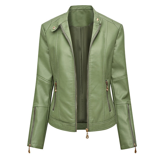 Damen Figurbetonte Kunstleder-Bikerjacke mit Stehkragen, taillierten Nähten und Reißverschlusstaschen Shop Nory