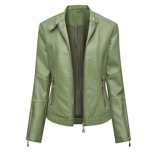 Damen Figurbetonte Kunstleder-Bikerjacke mit Stehkragen, taillierten Nähten und Reißverschlusstaschen Shop Nory