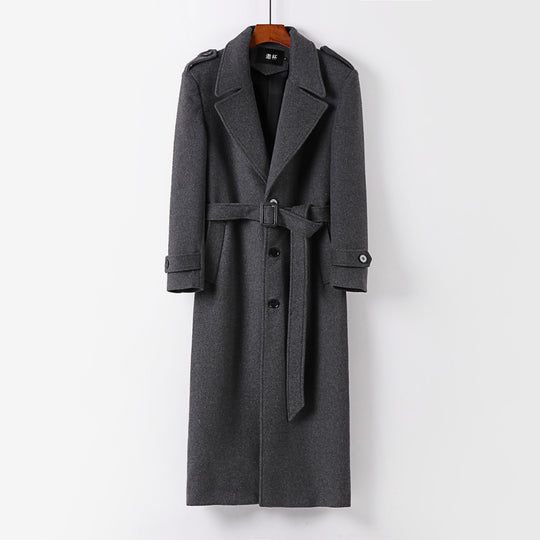 Herren bodenlanger Wollmantel mit Schalkragen, Gürtel und Epauletten Shop Nory