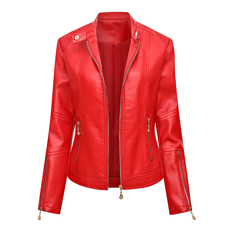 Damen Figurbetonte Kunstleder-Bikerjacke mit Stehkragen, taillierten Nähten und Reißverschlusstaschen Shop Nory