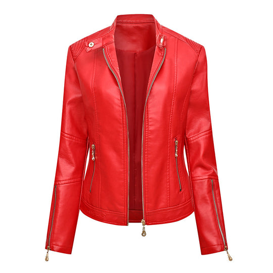 Damen Figurbetonte Kunstleder-Bikerjacke mit Stehkragen, taillierten Nähten und Reißverschlusstaschen Shop Nory