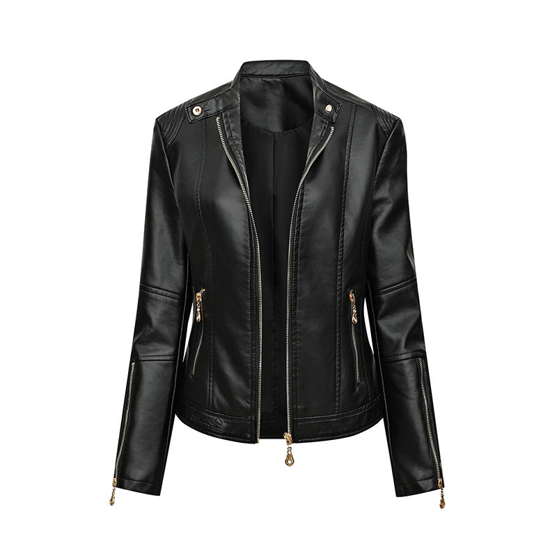 Damen Figurbetonte Kunstleder-Bikerjacke mit Stehkragen, taillierten Nähten und Reißverschlusstaschen Shop Nory
