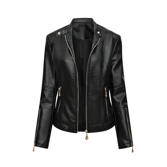 Damen Figurbetonte Kunstleder-Bikerjacke mit Stehkragen, taillierten Nähten und Reißverschlusstaschen Shop Nory