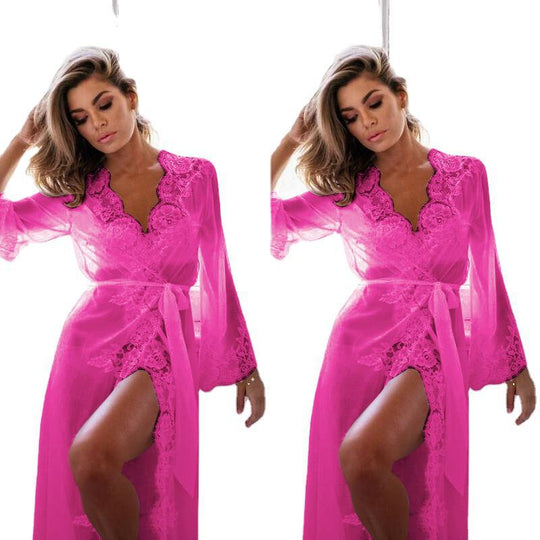 Damen Transparente Nachtwäsche mit Spitzenakzenten und eleganter Schärpe Shopnory