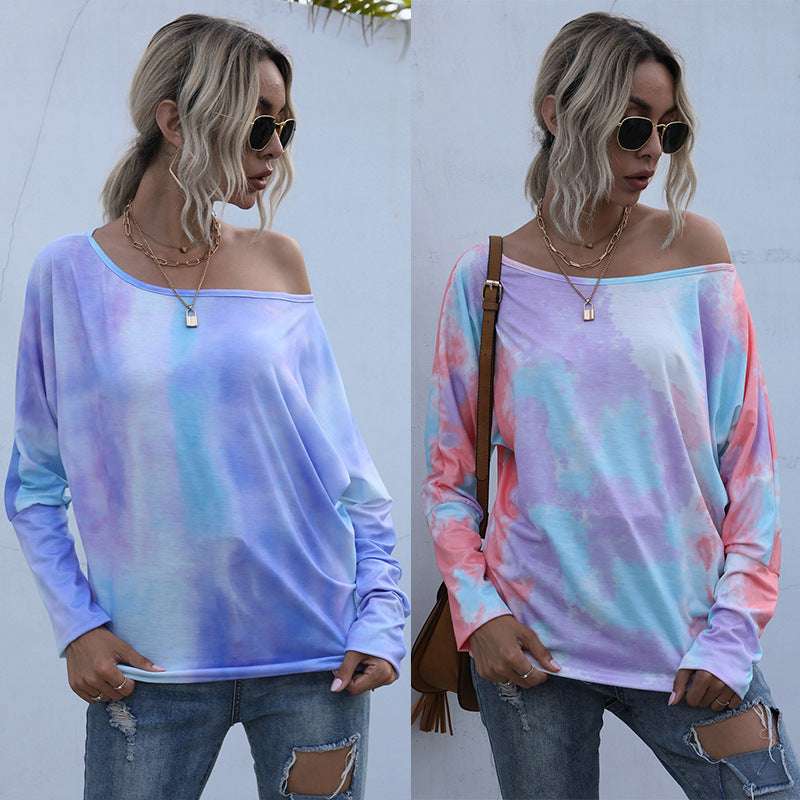 Damen Oversize-Longsleeve mit Off-Shoulder Ausschnitt und Batikmuster Shop Nory