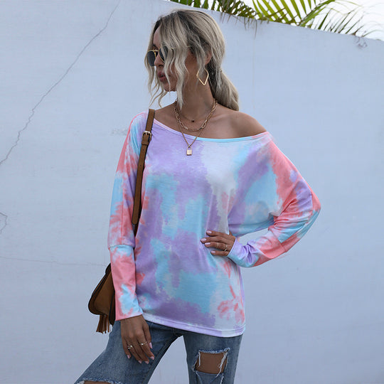 Damen Oversize-Longsleeve mit Off-Shoulder Ausschnitt und Batikmuster Shop Nory