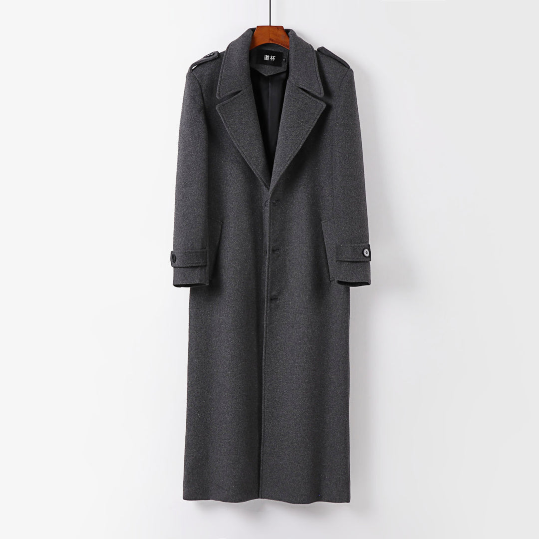Herren bodenlanger Wollmantel mit Schalkragen, Gürtel und Epauletten Shop Nory