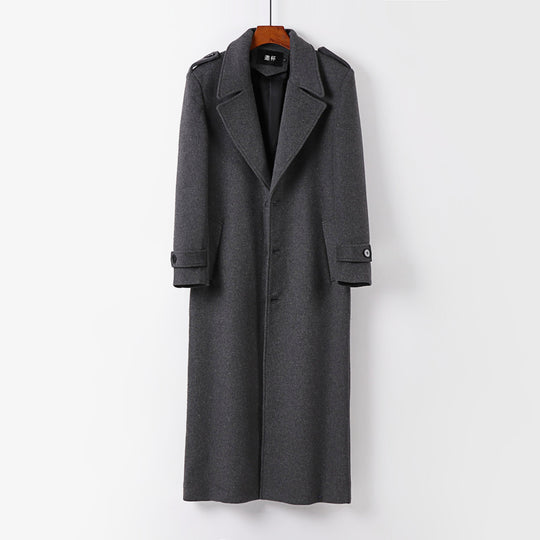 Herren bodenlanger Wollmantel mit Schalkragen, Gürtel und Epauletten Shop Nory