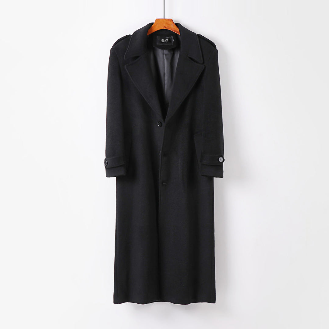 Herren bodenlanger Wollmantel mit Schalkragen, Gürtel und Epauletten Shop Nory