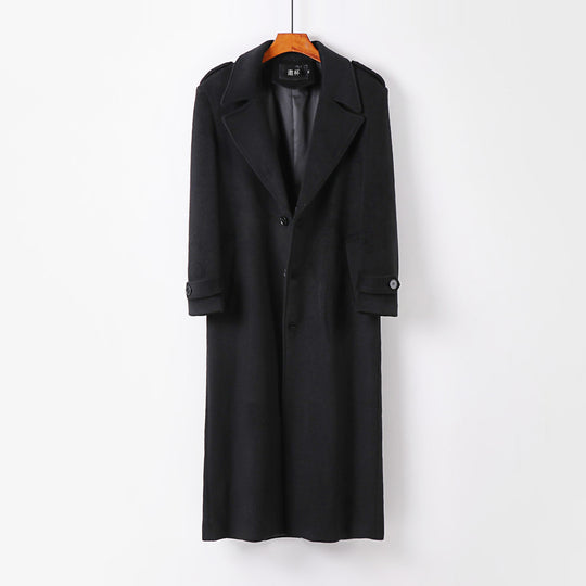 Herren bodenlanger Wollmantel mit Schalkragen, Gürtel und Epauletten Shop Nory