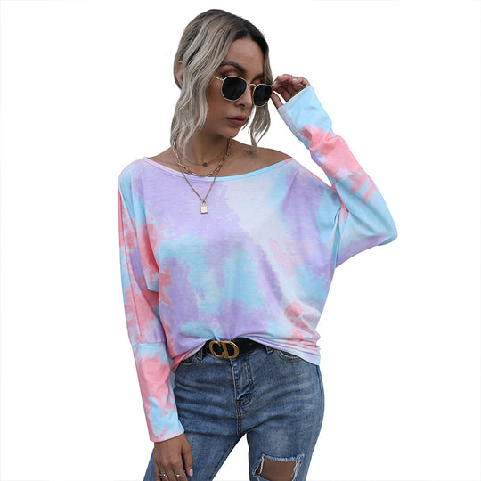 Damen Oversize-Longsleeve mit Off-Shoulder Ausschnitt und Batikmuster Shop Nory